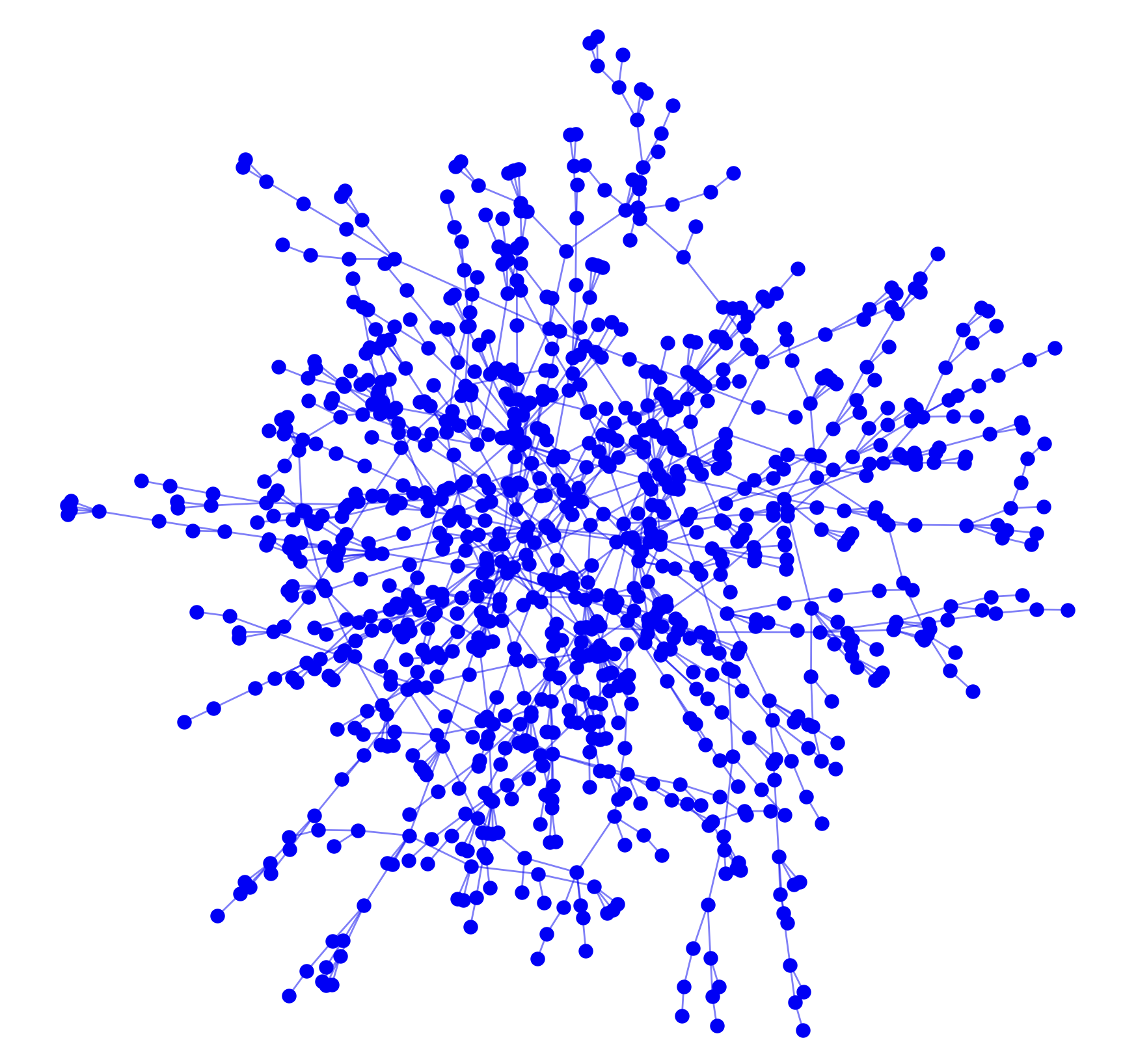 A random recursive tree generated by uniform attachment, with blue vertices and edges.